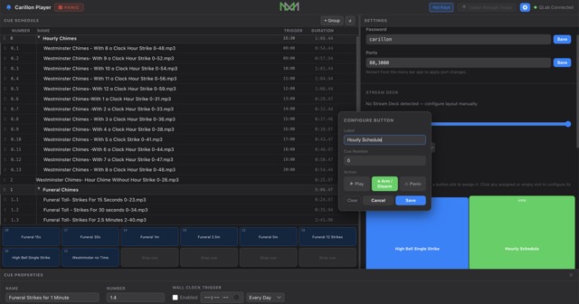 The carillon scheduler web interface we built: cue list, hourly chime schedule, and one-touch buttons