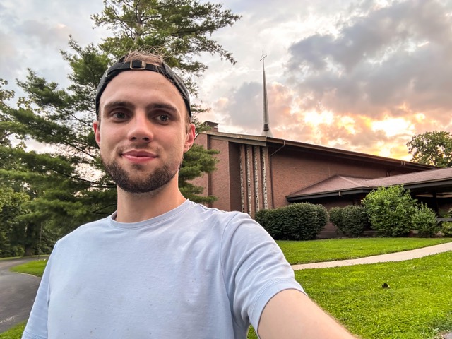 Outside the church with the bell tower