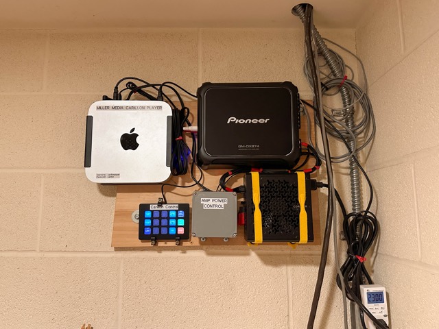 Wall-mounted computer, amplifier, and keypad for the carillon