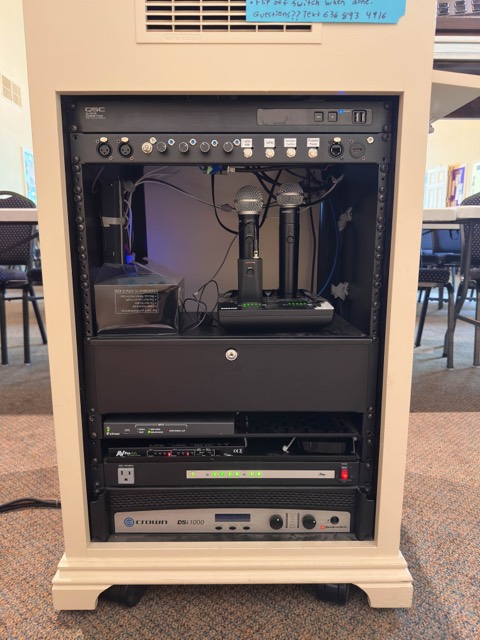 AV rack with wireless receivers and mixer