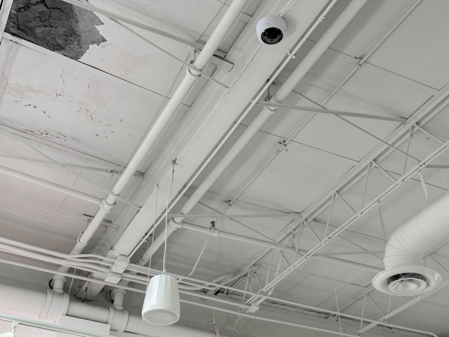 Pendant speaker hung from the ceiling structure