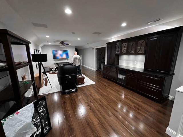 Family room with the LED-lit cabinet beside the TV