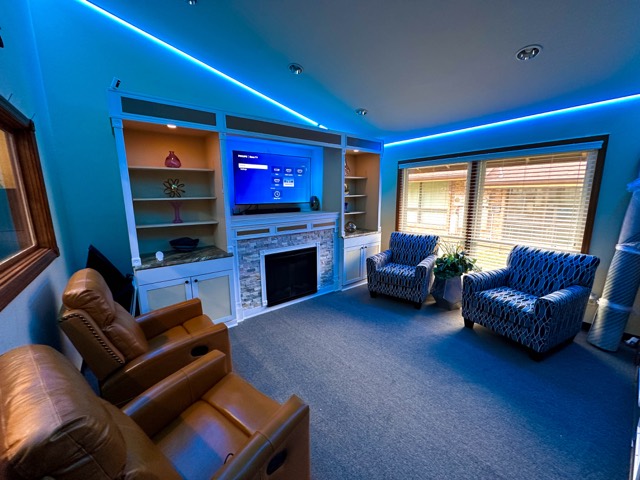 Media room lit in blue