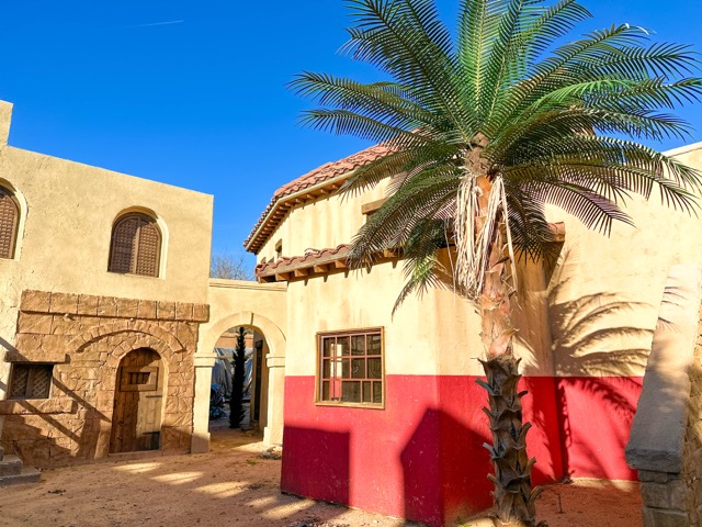 Red-walled set building on the backlot