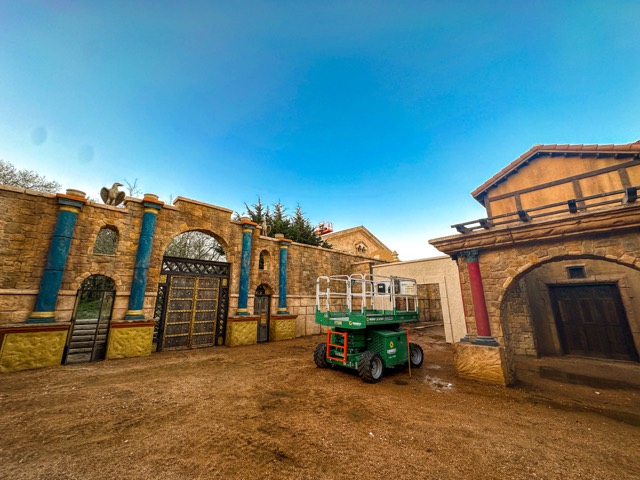 Set gate with lifts staged for the rooftop work