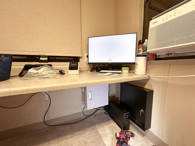 Production desk with monitor and network drop