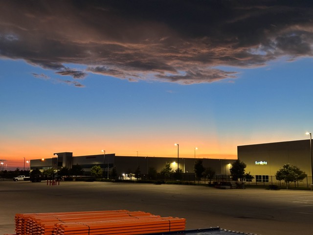 Warehouse exterior at sunset